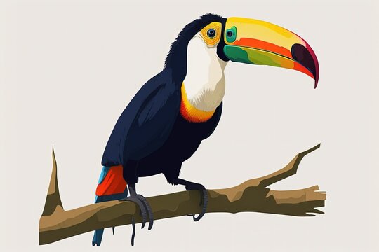 The toucan bird is perched on a branch. shown singularly against a blank white background. nature. Generative AI