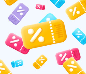 3d Different Cupons Seamless Pattern Background Plasticine Cartoon Style Isolated on a White. Vector illustration of Gift Voucher Coupon