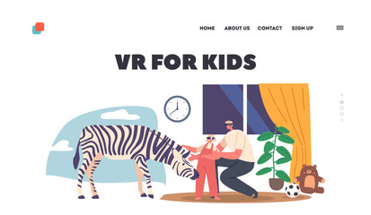 Vr for Kids Landing Page Template. Father with Little Daughter Wearing 3d Glasses Looking on Zebra Immersive Experience