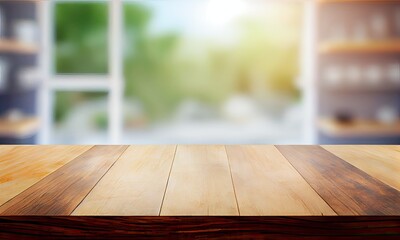 Wood table top on blur kitchen window background, generative AI