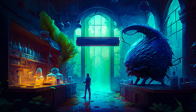 Person standing in room with sign that says bailib billi. Fantasy. Generative AI