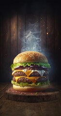 image of delicious beautiful appetizing hamburger on dark wood background, generative AI