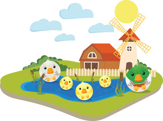 Farm with ducks and ducklings in the pond. Sunny weather with clouds.
