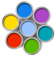 Color paint tin cans top view isolated, minimum drop shadow