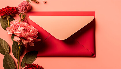 Generative AI illustration of a Creative Art of Red envelope with Romantic Rose Flowers and Petals on Red background