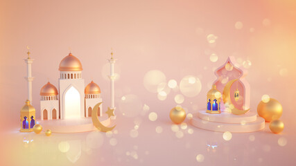 Ramadan kareem 3d rendering with Turkish traditional lantern and Mosque on pink background