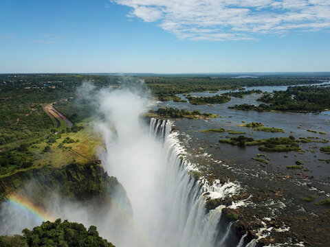 Victoria Falls at the Border of Zimbabwe and Zambia in Africa. The Great Victoria Falls One of the Most Beautiful Wonders of the World. Unesco World Heritage. Aerial Shot From Above.