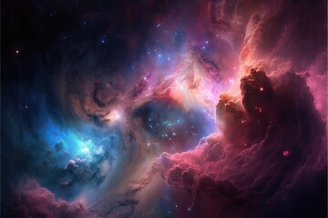 Obraz na płótnie Canvas Space with shining stars, stardust and nebula. Realistic cosmos. Colorful galaxy illustration. Bright futuristic background. Generative AI.