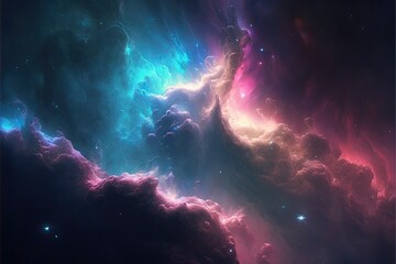 Fototapeta na wymiar Space with shining stars, stardust and nebula. Realistic cosmos. Colorful galaxy illustration. Bright futuristic background. Generative AI.