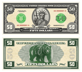 Vector gray banknote obverse and green reverse. Denomination fifty US dollars. Empty oval, grizzly bear and guilloche frame. American paper fiction money.