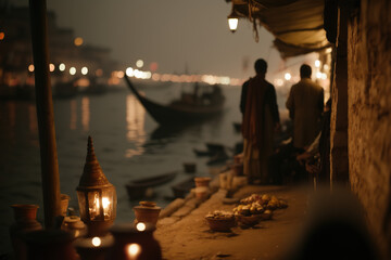 Obraz na płótnie Canvas India, haunting photo of the ghats on the Ganges River in Varanasi, shot at dusk AI Generative