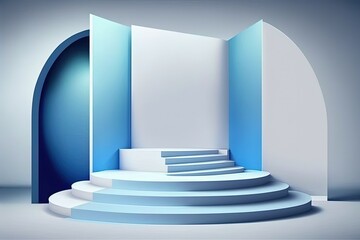 A white backdrop and blue stage with stairs on board. Generative AI