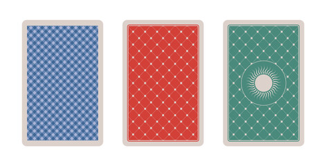 Set of illustrated playing card back designs isolated on white background.