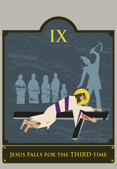 9th Station. The Way of the Cross  or via Crucis. Traditional Version. Jesus falls for the third time. Editable Clip Art.