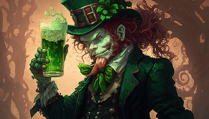 St.Patrick's Day celebration flat anime style background. Leprechaun man in green hat with green beer Generative ai
