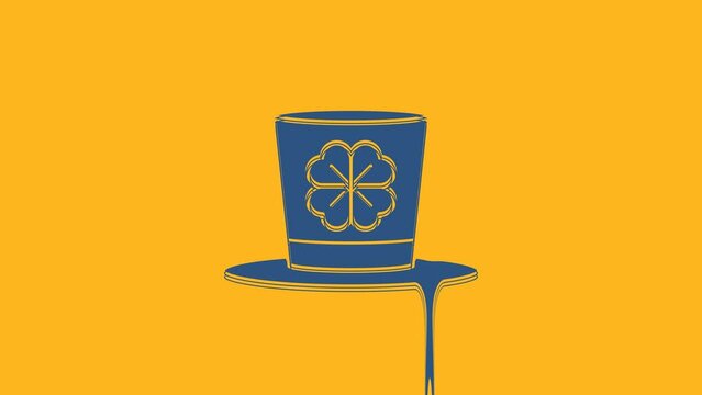 Blue Leprechaun hat and four leaf clover icon isolated on orange background. Happy Saint Patricks day. 4K Video motion graphic animation