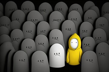 Obraz premium Among the dark people, this yellow guy stands out. Ideas of leadership, uniqueness, and sticking out from the crowd. Generative AI
