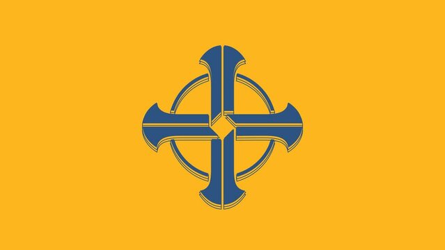 Blue Celtic cross icon isolated on orange background. Happy Saint Patricks day. 4K Video motion graphic animation