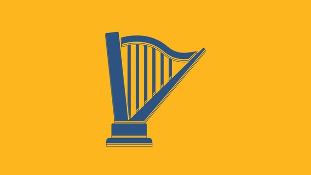 Blue Harp icon isolated on orange background. Classical music instrument, orhestra string acoustic element. 4K Video motion graphic animation