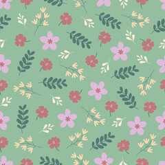 Exquisite floral seamless pattern. Aesthetic scandi wildflowers and branches of leaves. Allover flowery textured background