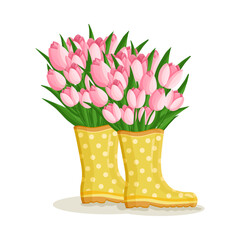 Bouquet of pink tulips flowers in rubber boots. Spring composition for women's day, mother's day, easter and other holidays. Floral design isolated vector illustration for postcard, poster and other.