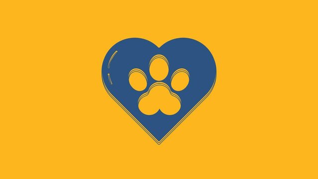 Blue Heart with animals footprint icon isolated on orange background. Pet paw in heart. Love to the animals. 4K Video motion graphic animation