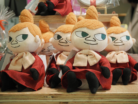 TOKYO, JAPAN - February 26, 2023:  Little My soft toys on display in the Moomin Store in Tokyo's Ginza area.