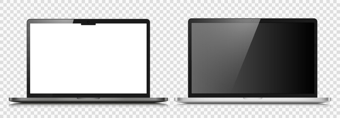 A set of realistic laptop layouts in a silver metal case. Two laptops with white black screens on a transparent background. Vector illustration.