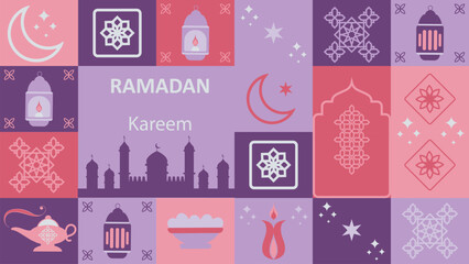 Ramadan Kareem. Islamic banner template with ramadan for wallpaper design. Traditional patterns and elements. Mosaic geometric illustration. Vector