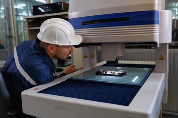 An engineer using optical micrometer quality checking micro part and close up look