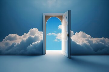Heaven afterlife concept, blue door in the sky surrounded by white clouds as a background abstract image. Generative AI