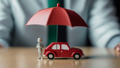 The manager at the auto insurance table. Umbrella covers a toy red car on the table