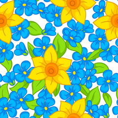 Seamless pattern with spring flowers. Beautiful decorative bouquet of blooming plants.