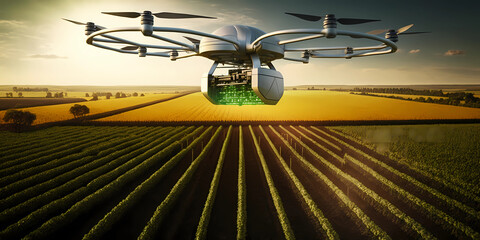 The solar-powered drone of the future does all the work on the farm: fertilizes, collects, cares for, waters, observes and protects the fields with vegetables and fruits. The drone flies in the field.