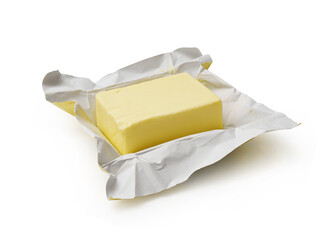 open pack of butter on white background