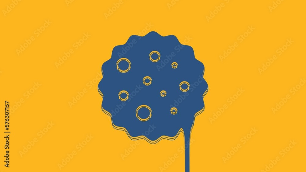 Poster blue cookie or biscuit with chocolate icon isolated on orange background. 4k video motion graphic an