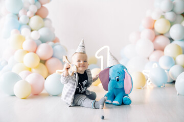 Little boy sits on the floor next to the balloons and toy elephant, celebrating its first birthday.