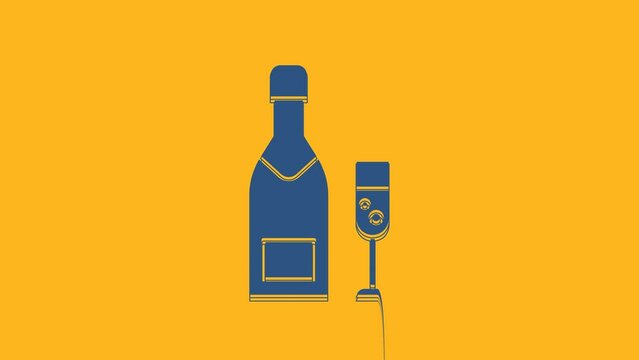 Blue Champagne bottle and glass of champagne icon isolated on orange background. Merry Christmas and Happy New Year. 4K Video motion graphic animation