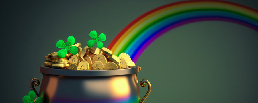 A pot full of gold coins, shamrock clover  and rainbows, St Patrick's day concept