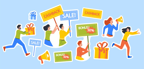 Set of Stickers Buyer Escape from Intrusive Advertising of Promotional Products. Promoter Characters Offer Discounts