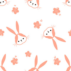 Seamless pattern with bunny rabbit cartoons and cute flower on white background vector illustration. Cute childish print.