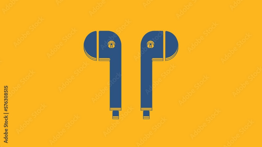 Sticker Blue Air headphones icon icon isolated on orange background. Holder wireless in case earphones garniture electronic gadget. 4K Video motion graphic animation