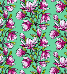 Seamless pattern with pink magnolia flowers leaves petals on light background