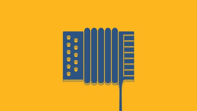 Blue Musical instrument accordion icon isolated on orange background. Classical bayan, harmonic. 4K Video motion graphic animation