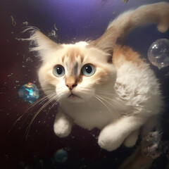cat floating with bubbles