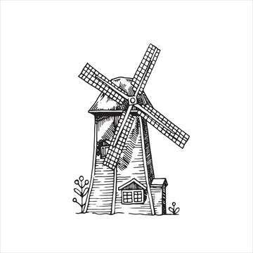 Windmill in a rural landscape, hand drawn, graphic style. Vector.