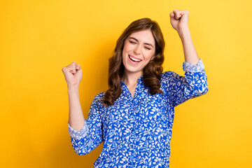Photo of overjoyed excited attractive curly hair lady wear blue shirt celebrating project startup...