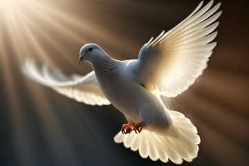Obraz premium a white dove flying with sunlight in the back create with generative AI
