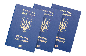 Blue international passport on white background with clipping path. Ukrainian biometric passport. Ukrainian international passport. Document for traveling abroad.