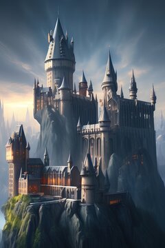 Hogwarts style fantastic castle in dreamy landscape.